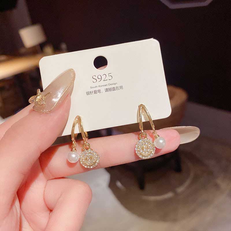 XiaoboACC Anting Tusuk Sterling Silver 925 Desain Smiley Hias Zircon + Mutiara Gaya Korea Untuk Wanita