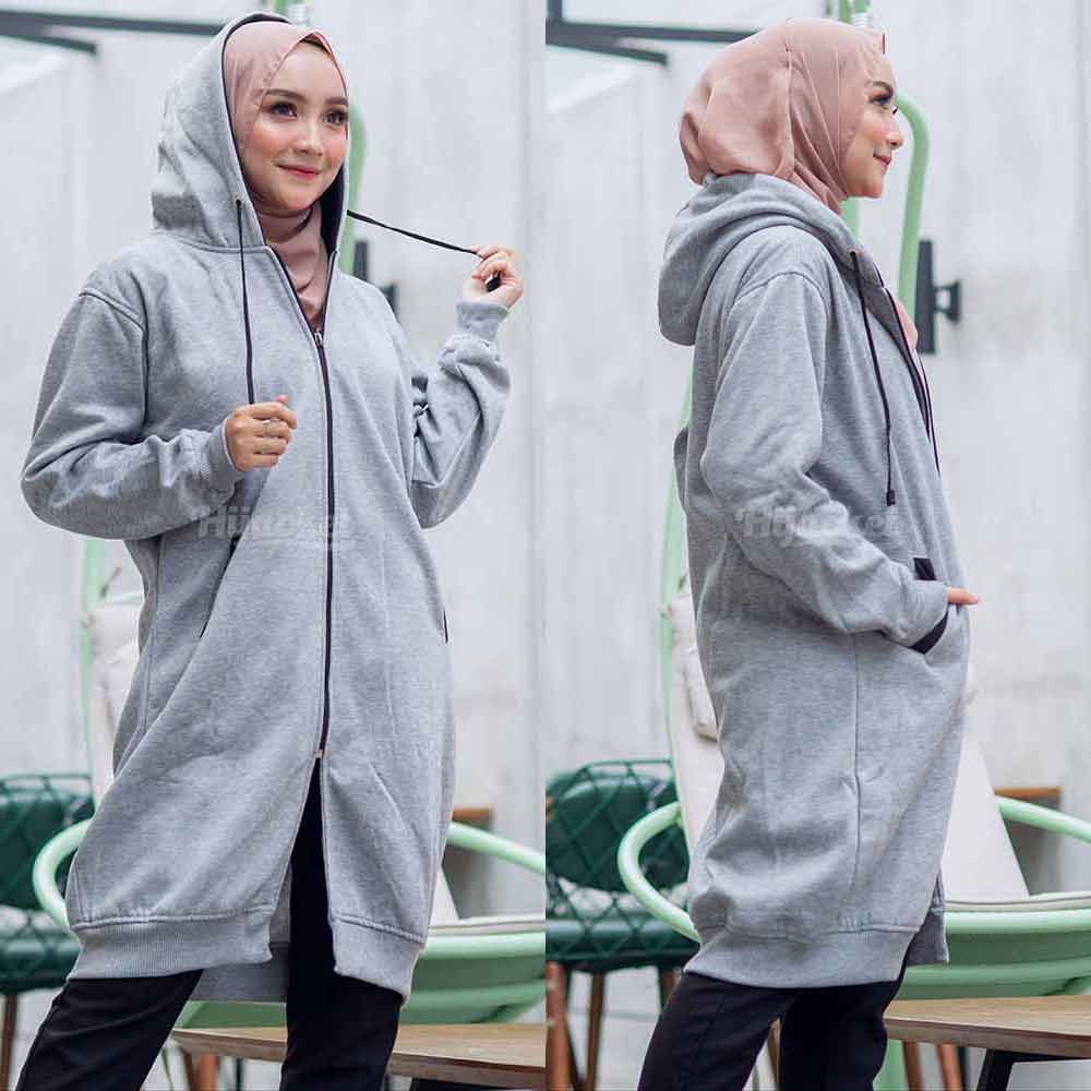 Jaket Jacket Polos Hoodie Panjang Wanita Cewek Muslimah Hijabers Kekinian Abu Muda Hijacket BC Grey-2