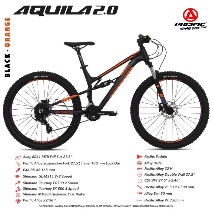 Sepeda Gunung 27.5 MTB PACIFIC AQUILA 2.0 Full Suspensi - Black Orange