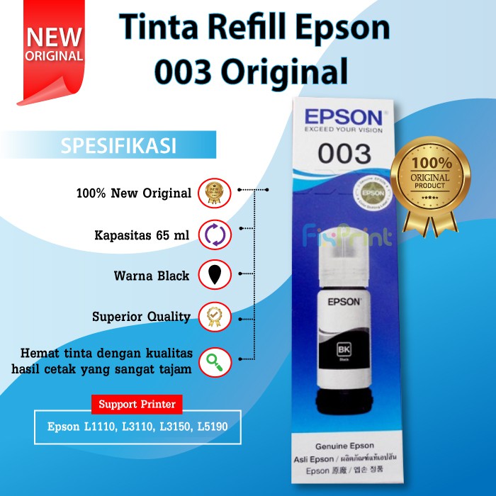 Tinta Epson 003 Original Black Cyan Magenta Yellow Refill Ink Printer L1110 L1210 L1250 L1256 L3100 L3101 L3110 L3210 L3116 L3150 L3156 L3250 L3256 L5190 L5290 L5296