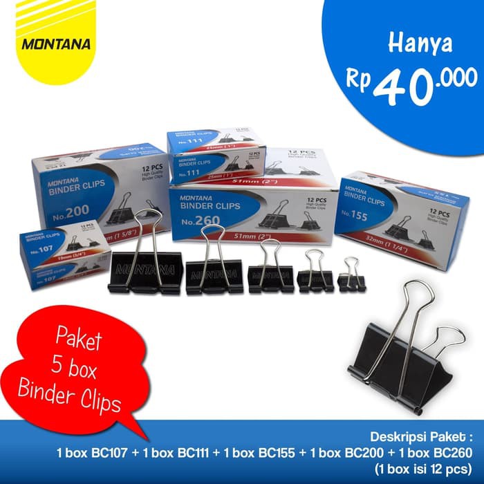 

MONTANA Paket Binder Clip Penjepit Kertas 1 Box MTBC260 + MTBC200 + MTBC155 + MTBC111 + MTBC107