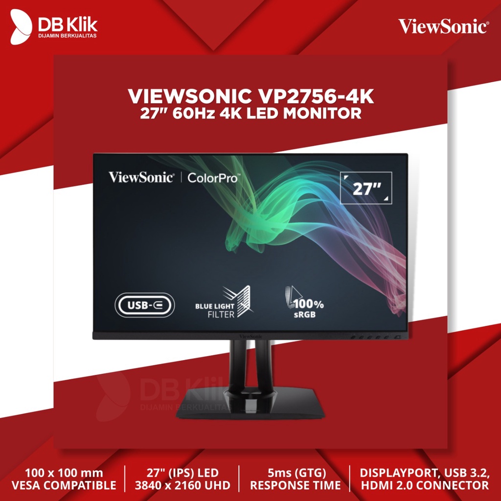 LED Monitor VIEWSONIC VP2756-4K 27&quot; 60Hz 4K UHD HDMI DP USB-C - VP2756