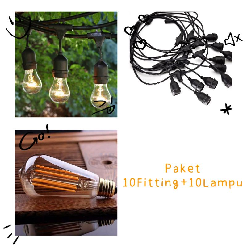 PAKET FITTING LAMPU GANTUNG OUTDOOR ( 10 FITING KABEL + 10 LAMPU FILAMEN 4WATT  ) SET 10 METER KABEL 10M