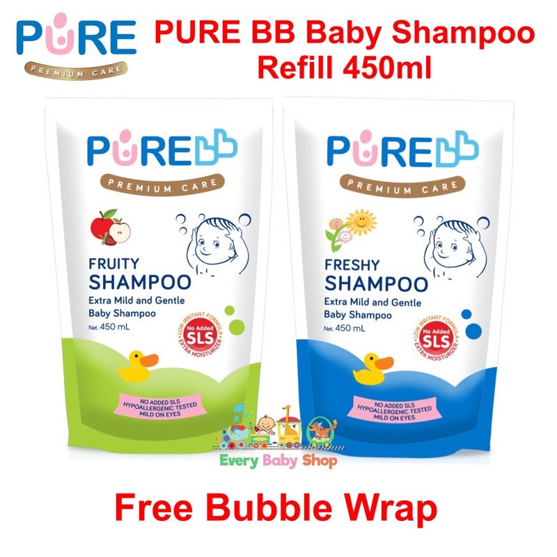 PURE BB Baby Shampoo REFILL 450ml Freshy / Fruity - Shampo Bayi Premium 450 ml - FREE BUBBLE WRAP