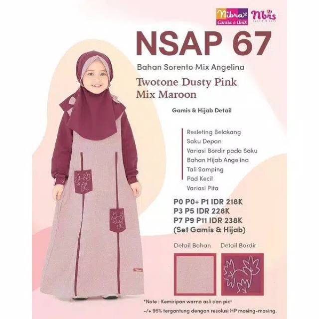 NSAP 67 Sarimbit Set Gamis Anak Nibras Dusty Pink Maroon Navy Abu