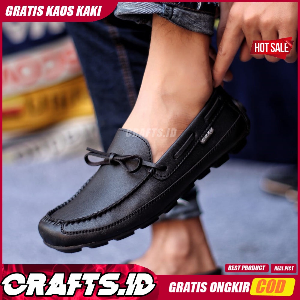 HOUSTON Sepatu Slip On Pria Kulit Asli Sepatu Pria Casual Pantofel Kerja Sepatu Kasual Santai Kuliah Kondangan Semi Formal Gaya Keren Kekinian