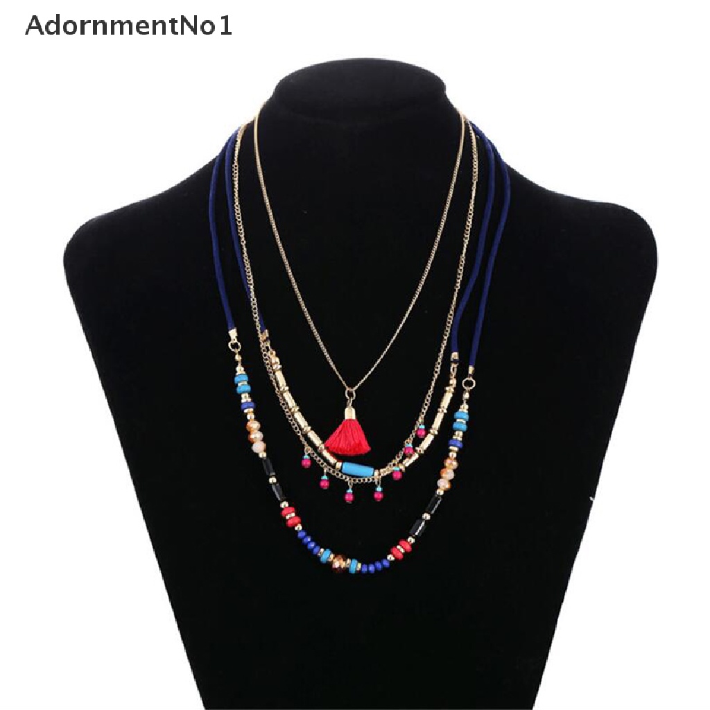 (AdornmentNo1) Kalung Choker Rantai Banyak Lapis Aksen Rumbai Manik-Manik Warna-Warni Gaya Bohemian Etnik Untuk Wanita