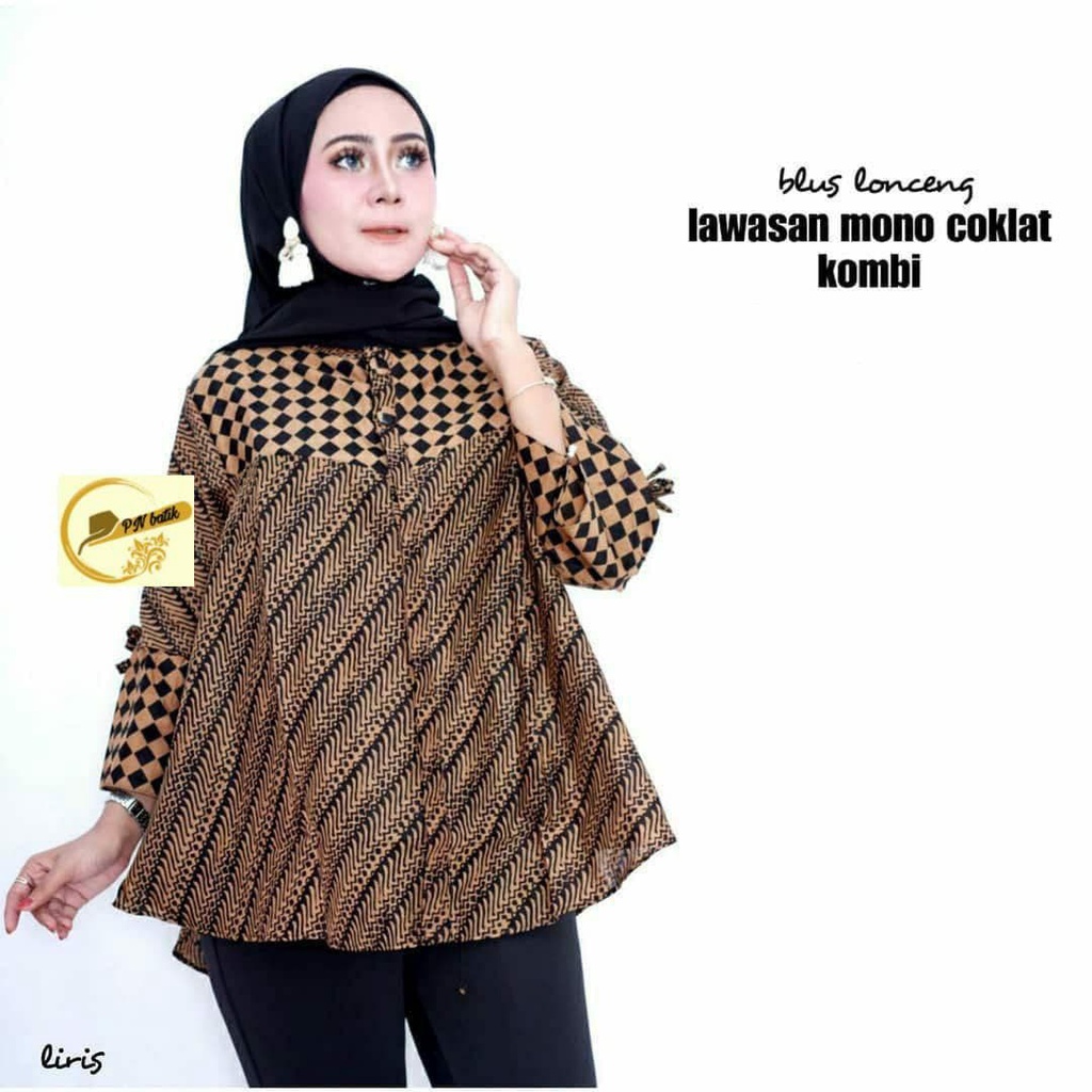 Batik Blouse Lawasan Coklat Blus Kantor Genes Soloan Motif Variasi Banyak Atasan [ISBY BATIK]