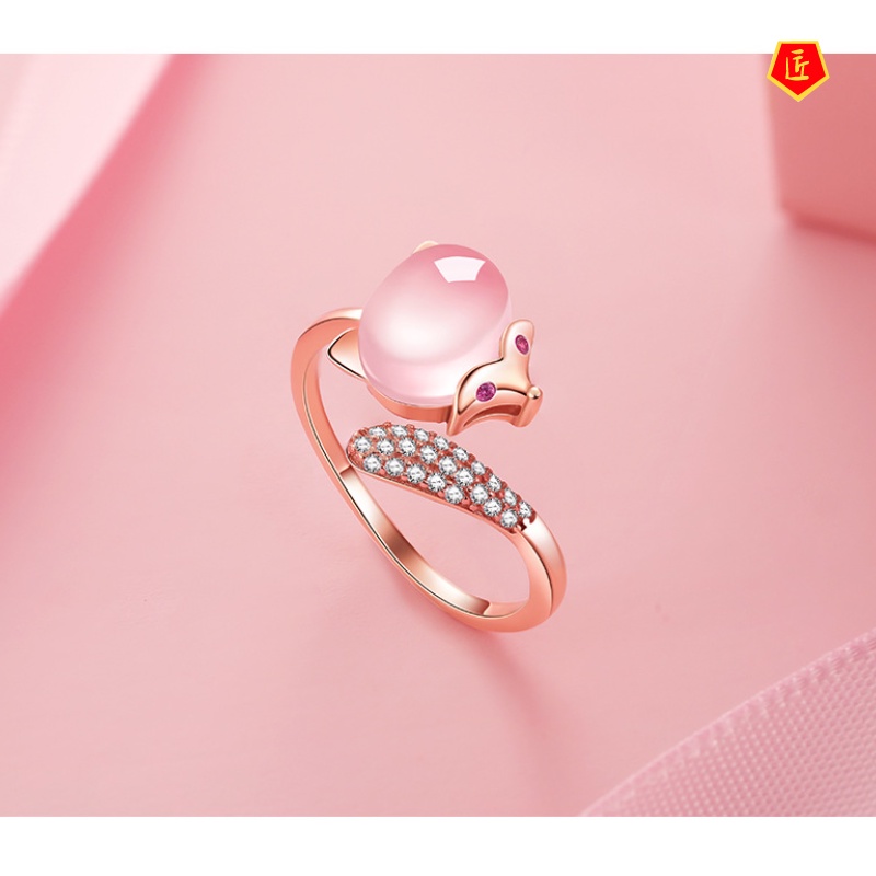 [Ready Stock]Pink Crystal Little Fox Ross Quartz Pendant Ring Earings Set