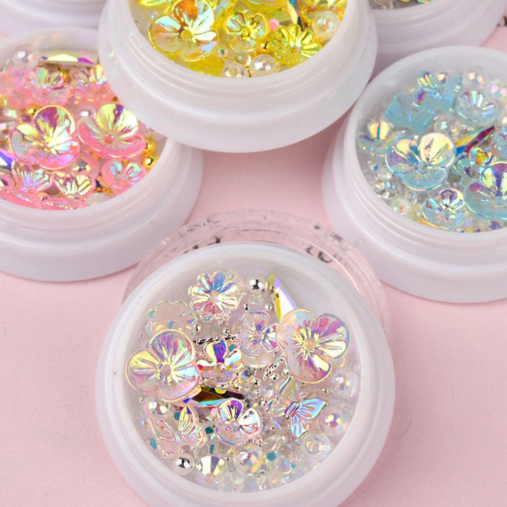 AUGUSTINA Agustin 3D Nail Art Dekorasi Set Aurora Warna-Warni DIY Kristal Manikur Aksesoris Mutiara Manik-Manik Bunga Pesona Kuku