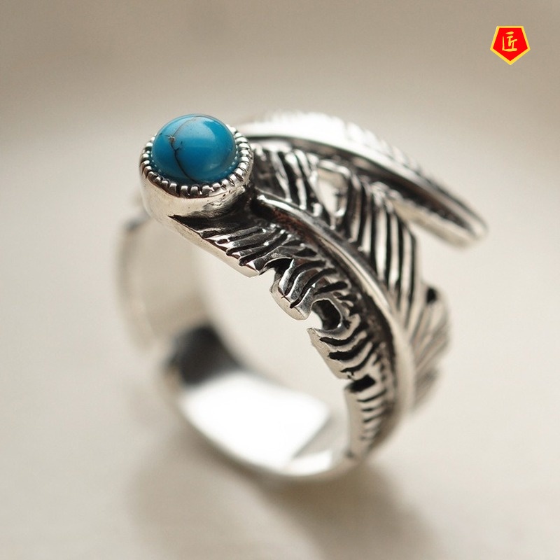 [Ready Stock]S925 Silver Vintage Silver Turquoise Feather Ring