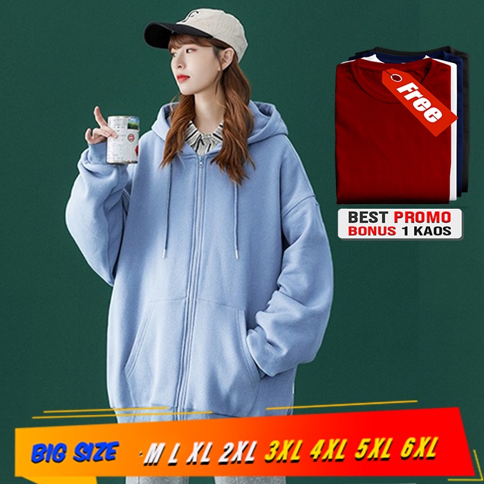 Jaket wanita Korean hoodie sweater baby blue jaket polos big size M L XL XXL XXXL XXXXL XXXXXL