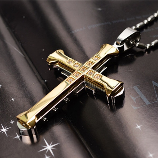 The Dark Knight Same Style Men's Crystal Cross Pendant Silver Gold Black Stainless Steel Cross Pendant Necklace