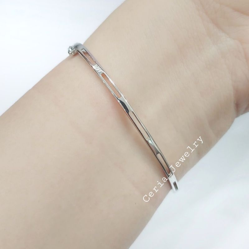 Gelang Perak Asli Silver Wanita 925 Lapis Emas Putih Model Bangle Oval Fuji Permata Full Kaku - Perhiasan Perak Wanita Asli