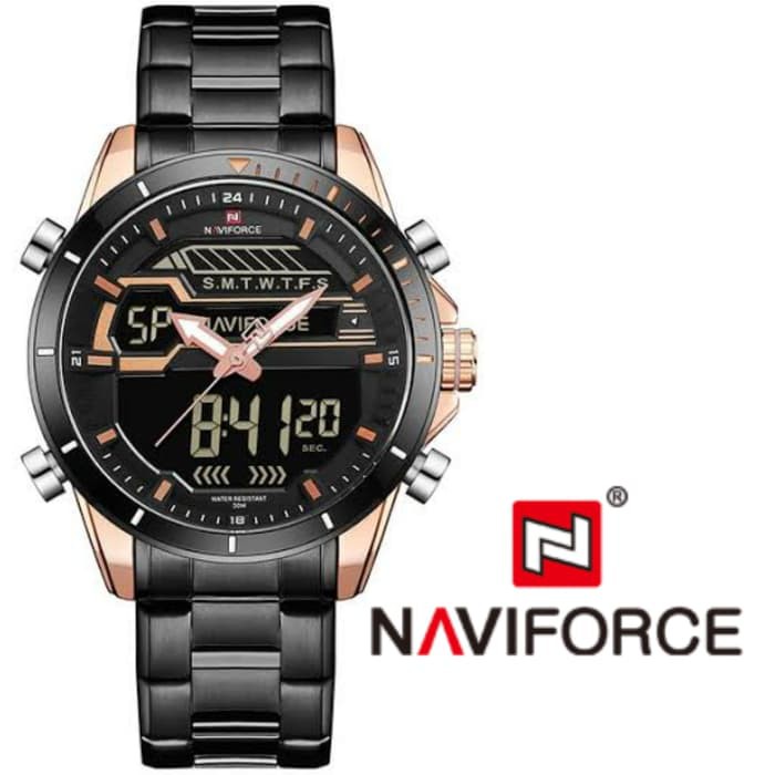 Jam Tangan Original NAVIFORCE Chain Dualtime Engine NF9133 - BLACKGOLD