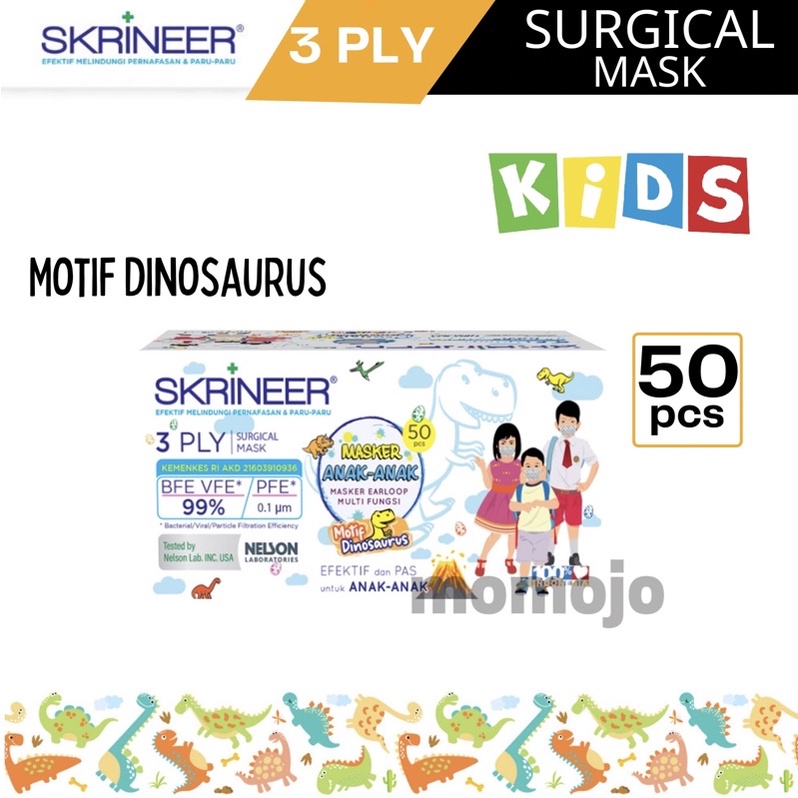 SKRINEER Masker Anak Motif Dino 3 ply Earloop isi 50 pcs