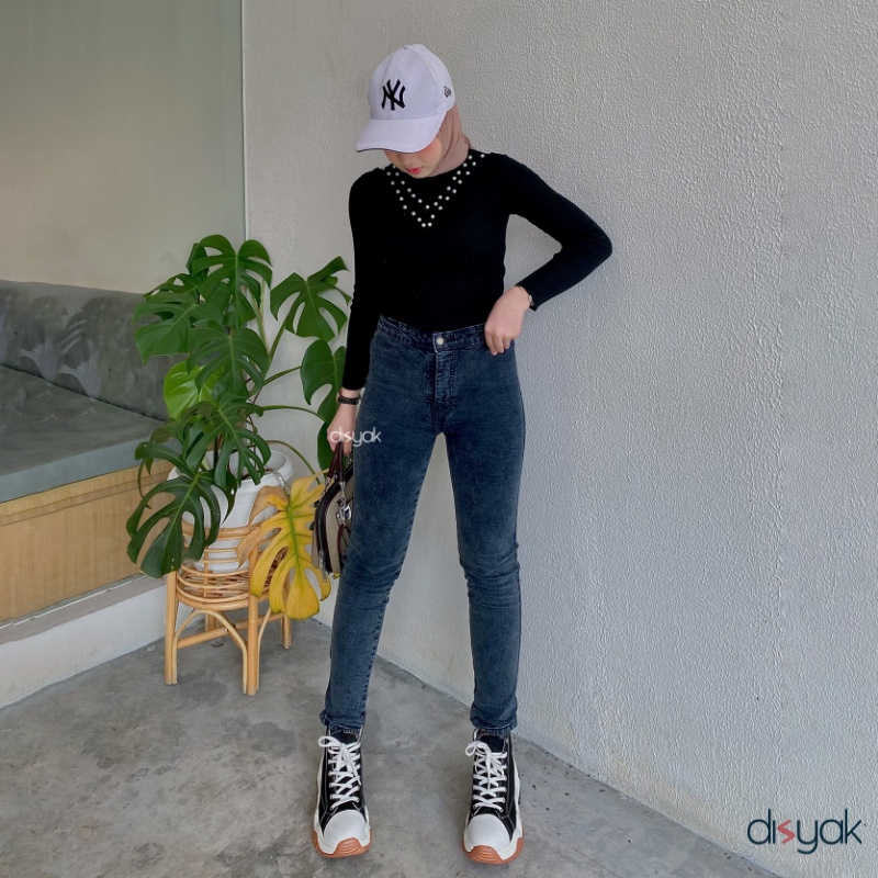 DISYAK - HIGHWAIST Black Acid Premium Soft Jeans Strecth 7008-9008