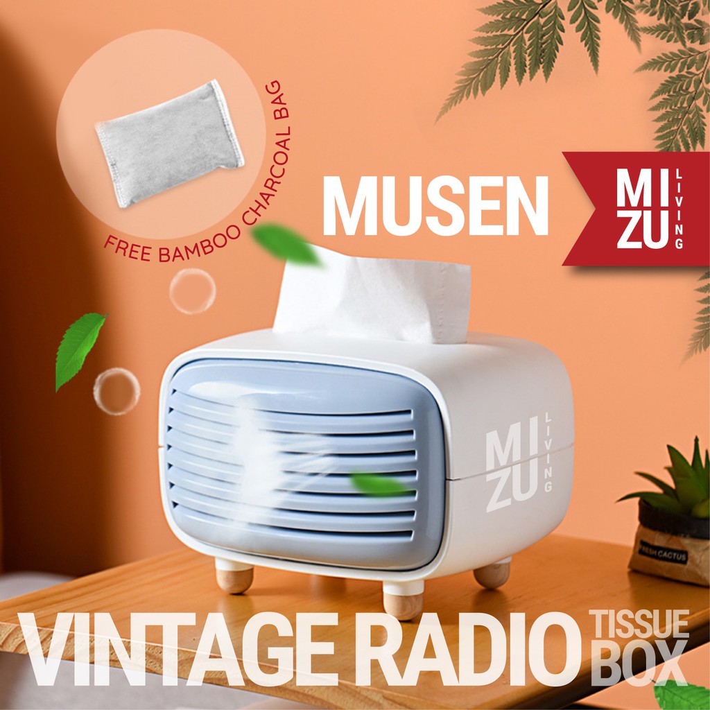 MIZU MUSEN Tissue Box Charcoal Kotak Tissue Arang Pengering Vintage Radio Design