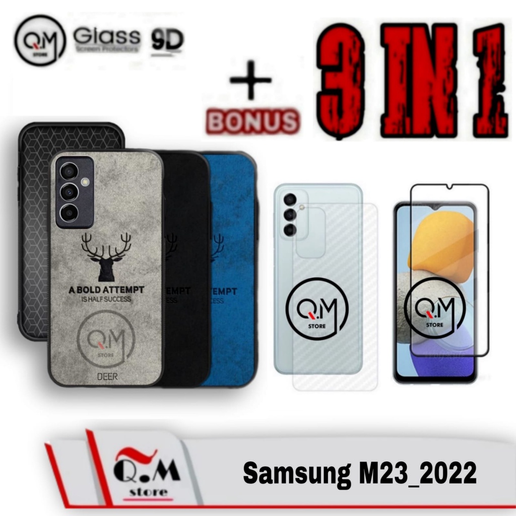 Paket 3 in1 Case Samsung M23 / Samsung A23 2022 Softcase Deer Pelindung Back Cover Bonus Tempered Glass Layar Plus Skin Garskin