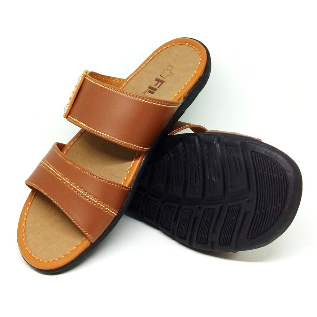 FIURI - Sandal Double Slip On Mocca - Sandal Murah Pria - Sandal Casual - Sandal Pria Kulit