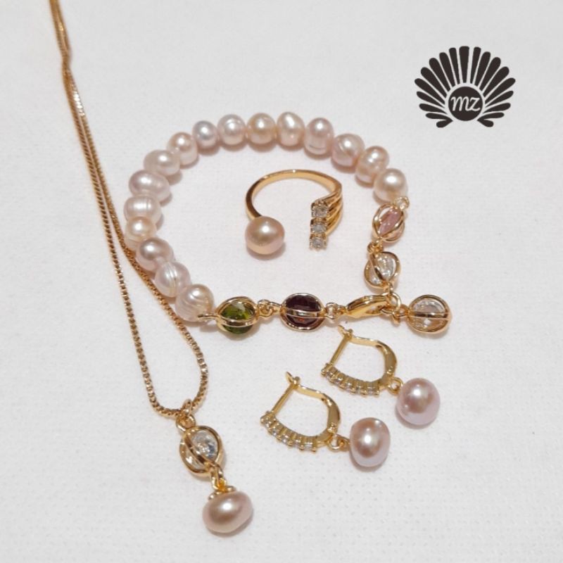 Perhiasan Mutiara Warna Pink// Set Mutiara Lombok// Gelang/ Kalung/Cincin/Anting