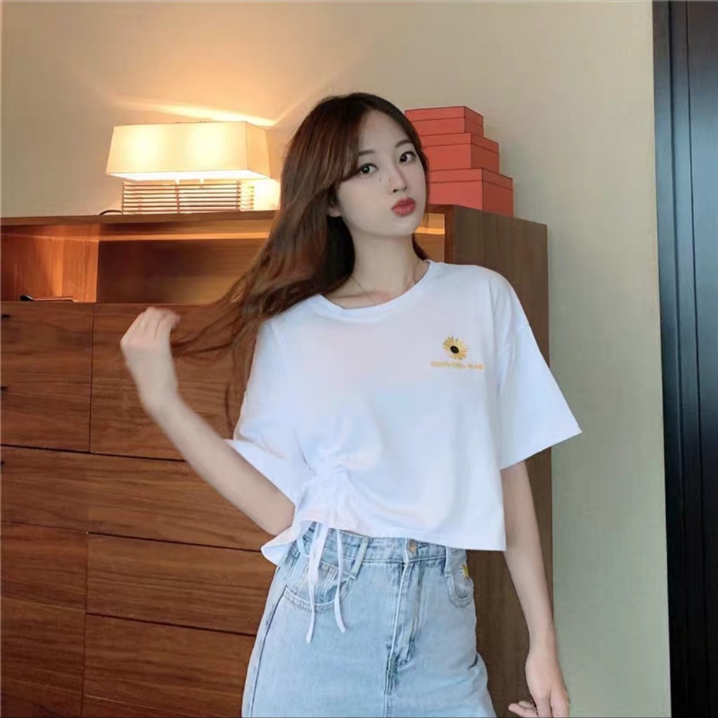 Kaos Crop Tali Serut Bordir Sun Flower