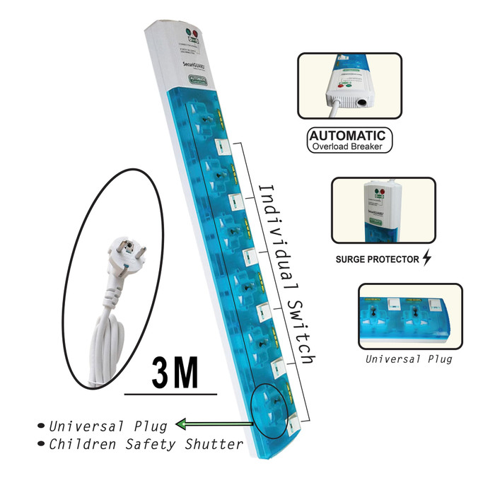 Dijual Securiguard steker strip Universal TSP 6 lubang colokan listrik - 3M Diskon