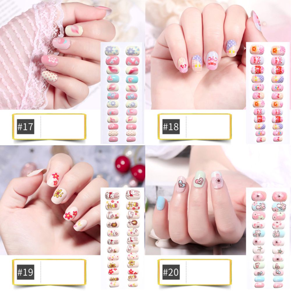 Mxbeauty 24pcs / Set Kuku Palsu Anak Perempuan Motif Kartun Bunga Warna-Warni Untuk Dekorasi Manicure Diy