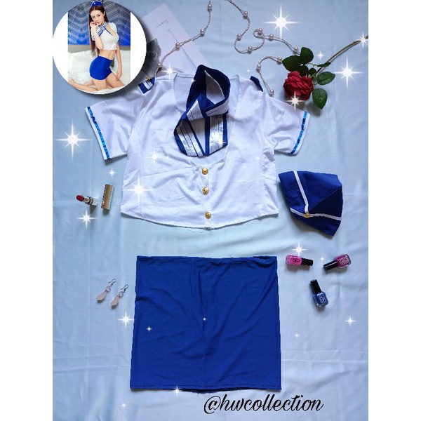 HW Collection Lingerie Cosplay Pramugari Sexy Top,Mini Skirt,Hat and Tie HWC023