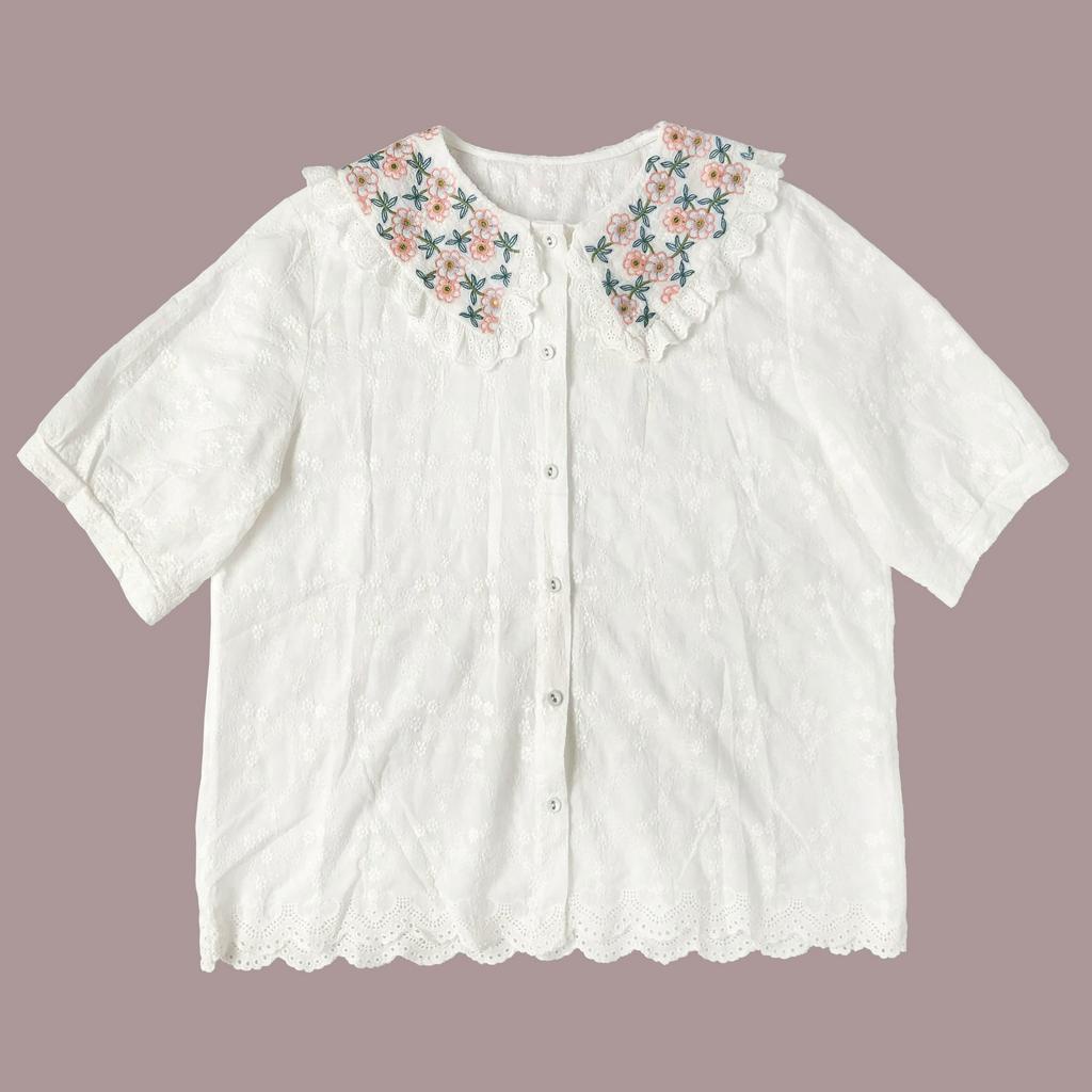 BLUS KATUN BRUKAT PUTIH KERAH BORDIR BUNGA RENDA OVERSIZE KOREA IMPORT