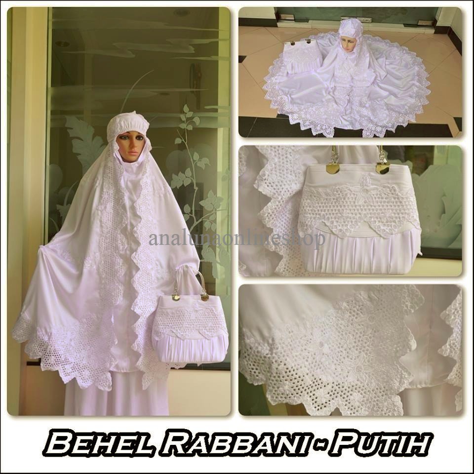TERLARIS MURAH CANTIK DAN BERKUALITAS MUKENA DEWASA TAS BEHEL RABBANI PUTIH SENADA