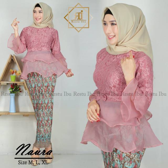 Setelan kebaya brukat mix organza / kebaya modern / set naura / maroon / navy / abu / coksu / gold