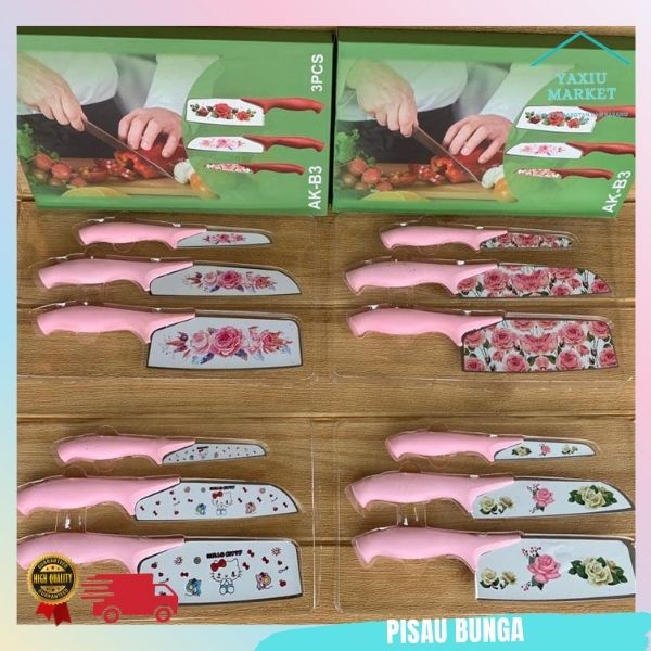 Pisau Dapur Set 3 Murah Motif Bunga pisau set motif bunga