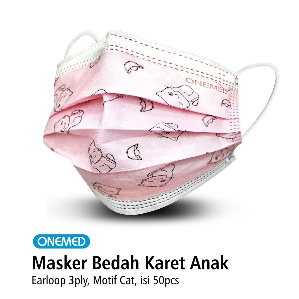 Masker Medis Karet Anak Motif Cat OneMed Box Isi 50Pcs Masker Medis Anak