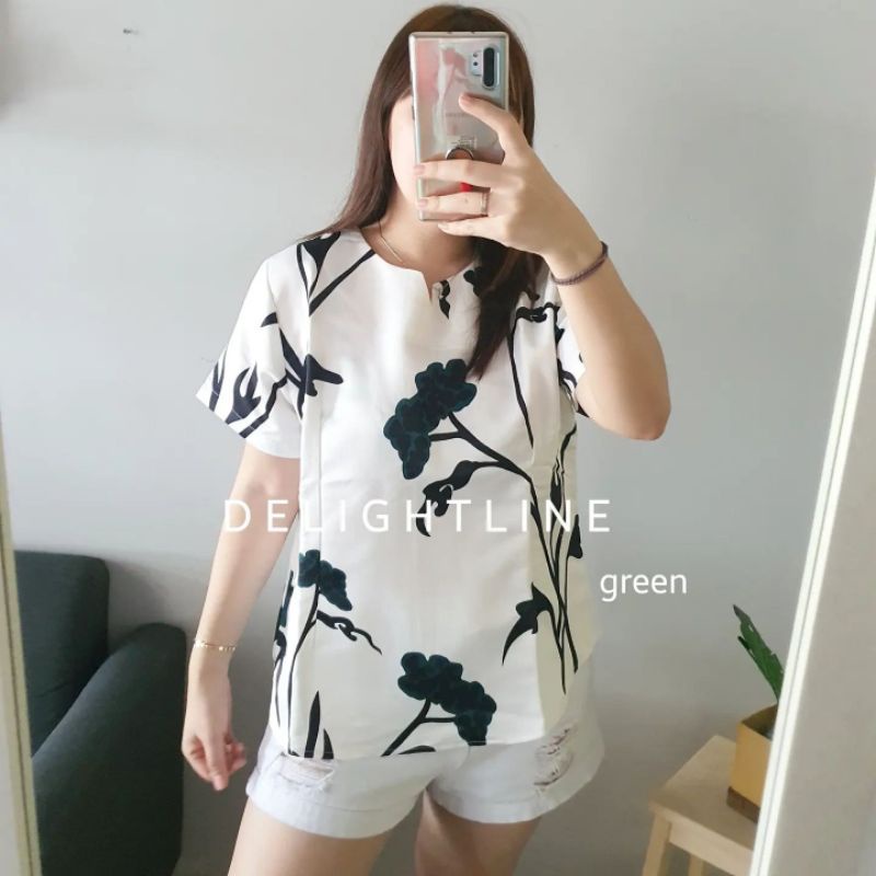 DELIGHTLINE LITTLE V NECK ALMOND TREE / VALENTINE FLOWER - CASUAL BLACKOUT BLOUSE TEBAL BASIC FLOWER-V-ALMNDTREE GREEN XL