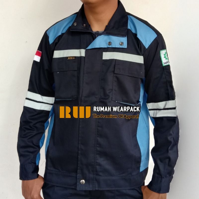 Semi Jacket Safety Wearpack Safety Jaket Kerja Atasan Navy Kombinasi Biru Langit