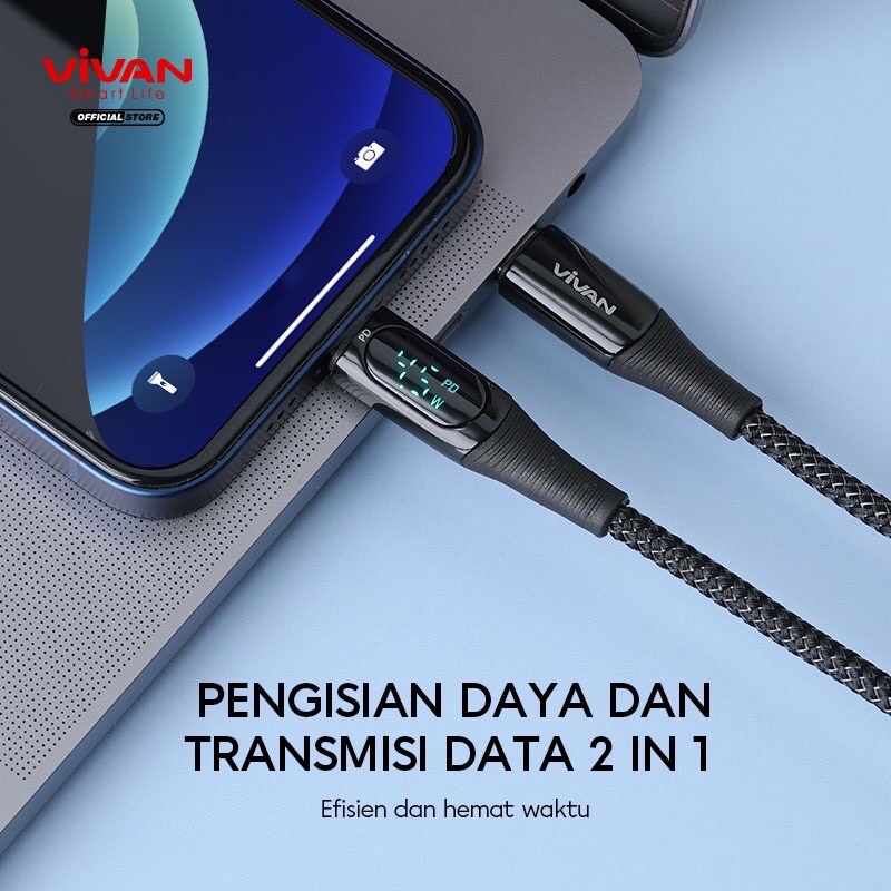 VCC100 / VCL100 Kabel Data VIVAN Type C To Type C 100W 5A / Type C To Lightning 20W 3A 100cm Fast Charging Smart LED Display - Garansi 1 Tahun