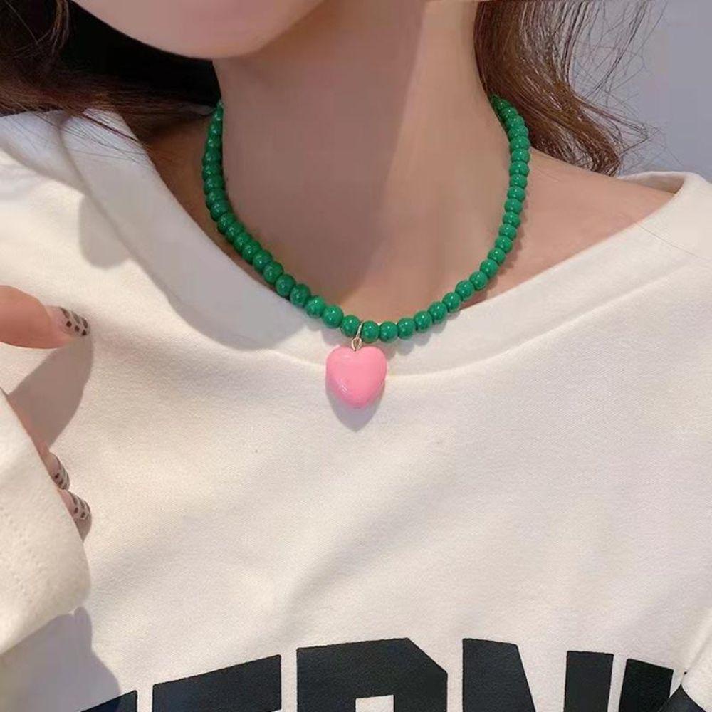 Needway  Sweet Korean Style Necklace Niche Bead Neck Chain Love Heart Earrings Necklace Design Sense Women Jewelry Clavicle Chain Great Gift Fashion Jewelry Girl Pink Heart Earrings