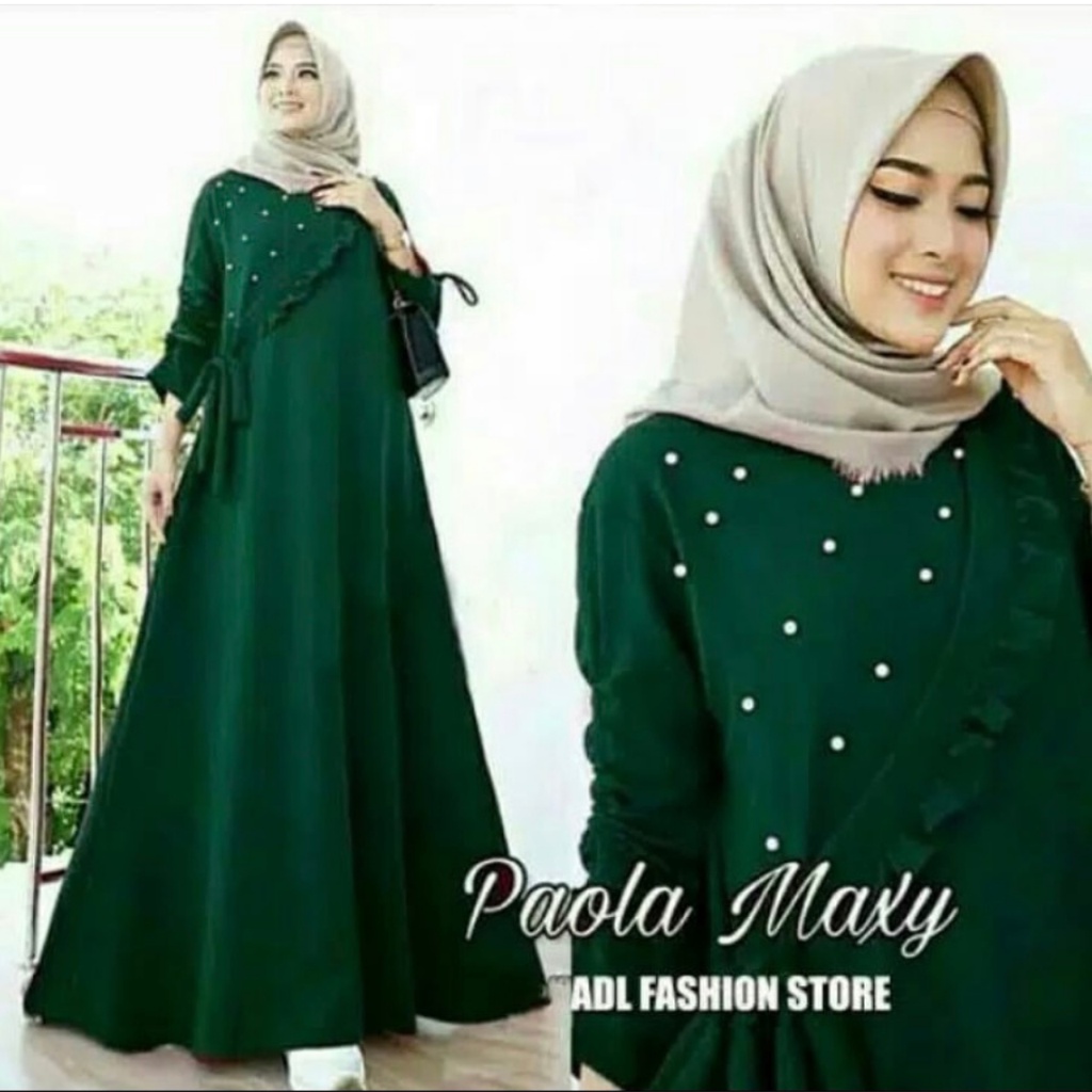GAMIS BRUKAT MUTIARA QUEENBY KOMBINASA MOSCREPE / Gamis Brukat Busui Muslimah Bumil-PAOLA HIJAU
