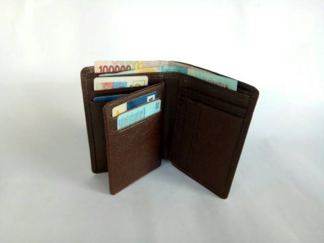 Dompet berdiri 3/4 pria kulit asli warna coklat dompet kartu