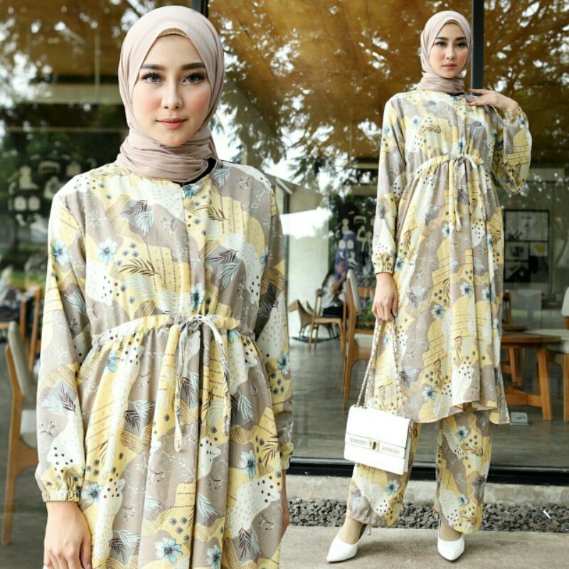 ST Set Stelan Atasan Tunik Celana Kulot Wollpeach Daunpandan