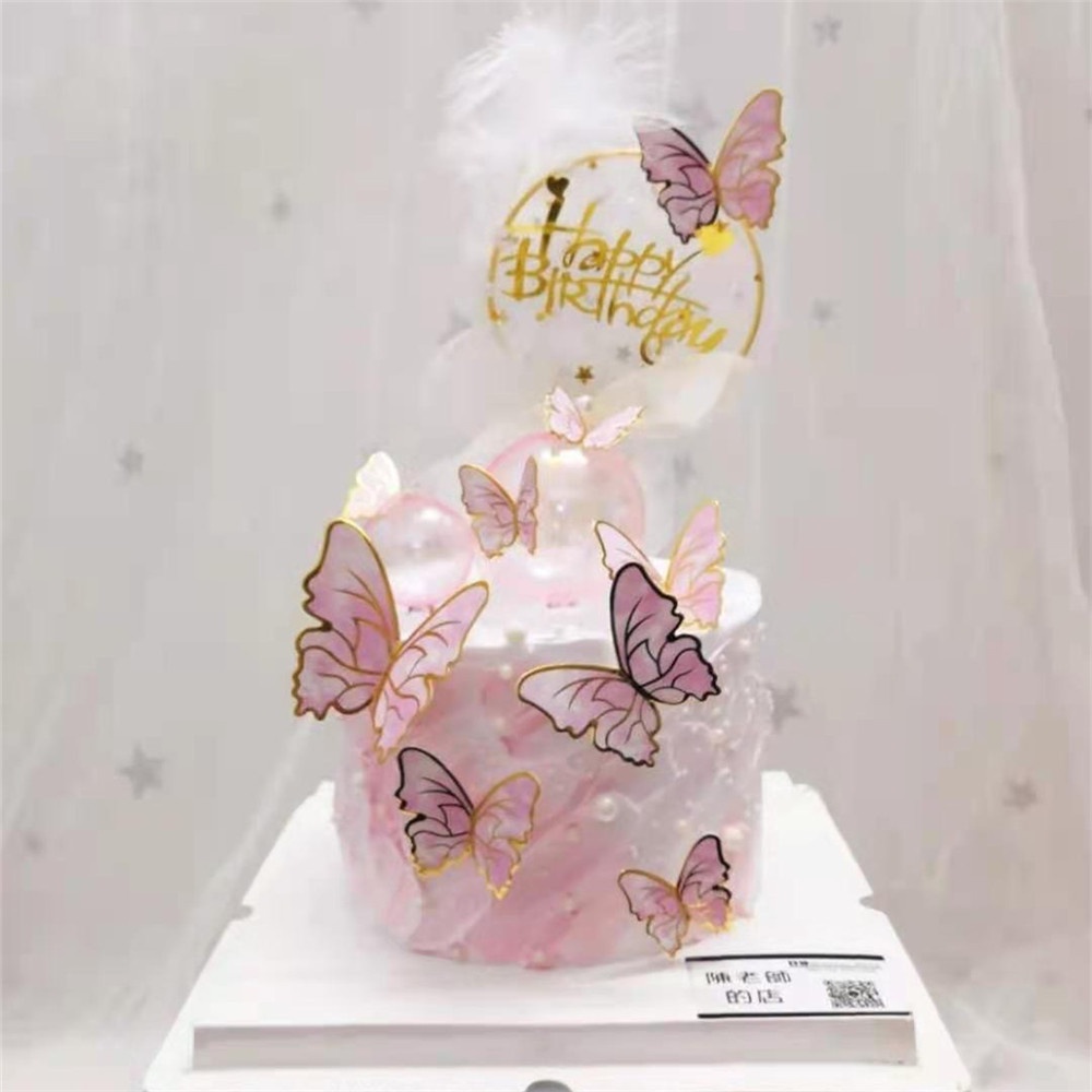 10pcs / set Hiasan Topper Kue Dengan Bahan Akrilik Dan Bentuk Kupu-Kupu Warna Warni