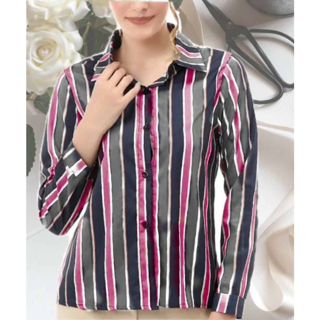 kemeja panjang wanita salur tricolor (salur 3 warna)