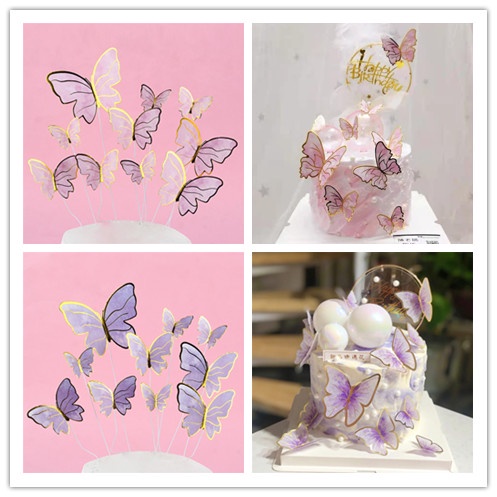 10pcs / set Hiasan Topper Kue Dengan Bahan Akrilik Dan Bentuk Kupu-Kupu Warna Warni