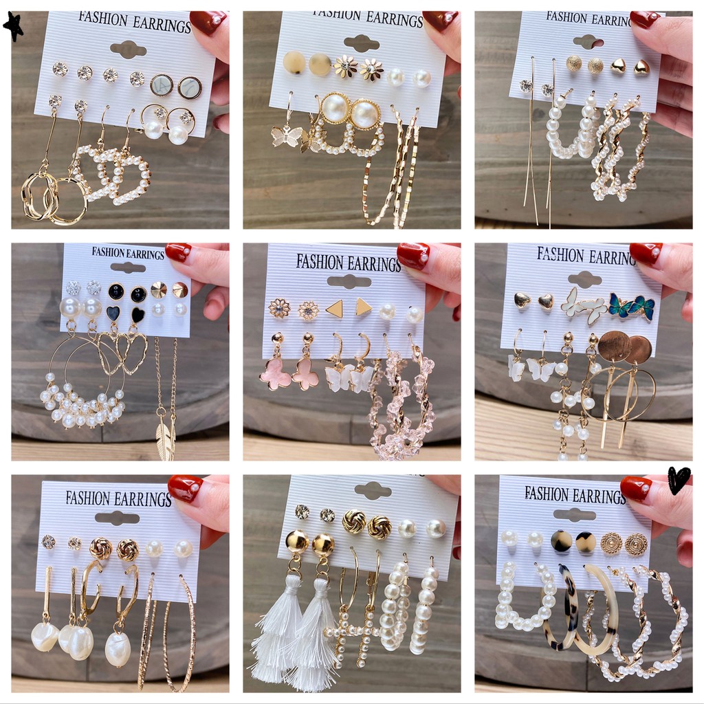 12 Pcs / Set Anting Bentuk Lingkaran Geometris Kupu-Kupu Hati Mutiara Warna Emas Gaya Korea Retro Untuk Wanita Earrings