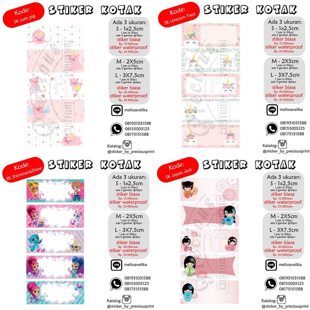 

STIKER NAMA SK SHIMMER N SHINE , CUTE PIG , UNICORN FACE , JAPANESE DOLL