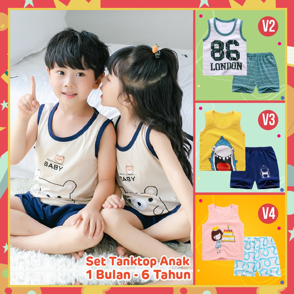 LAPAGO - Set Tanktop Anak Perempuan laki Kartun Setelan Lengan Celana Pendek umur 1 Bulan - 6 Tahun