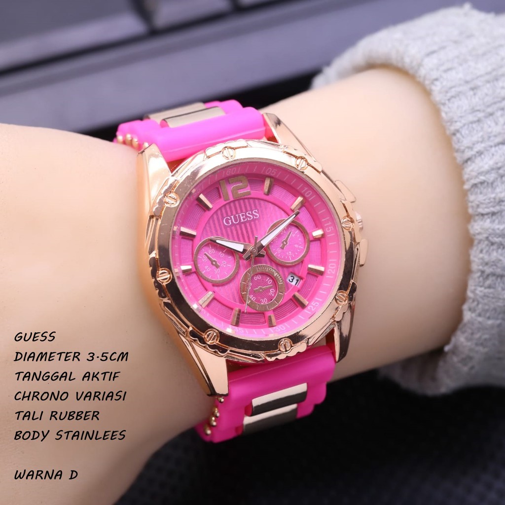 Jam Tangan Wanita/Cewek Guess Tali Rubber Tanggal Aktif Chrono Variasi