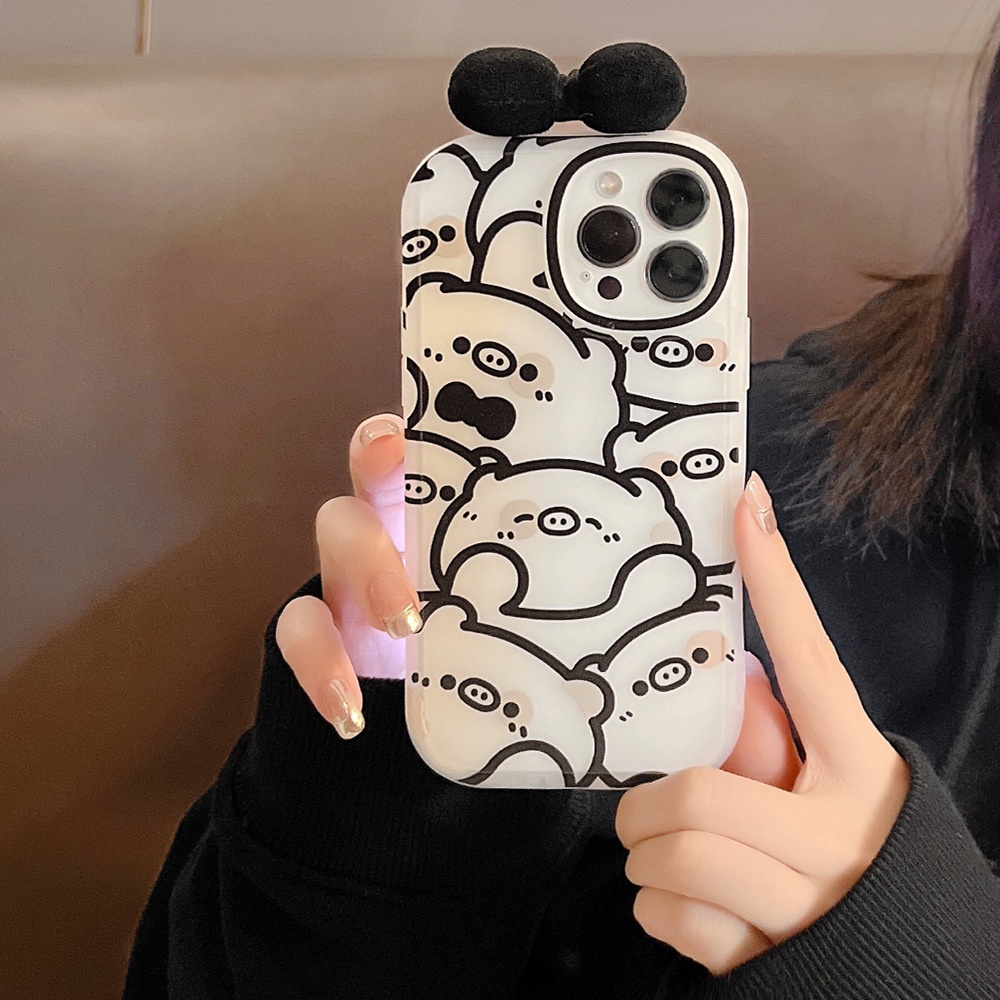 IPHONE Hitam Kartun Sketsa Babi Dengan Busur 3D Lucu Lembut Phone Case Cover Untuk Iphone7 8 PLUS X XR XS 11 12 13 14 MINI PRO MAX Se2020