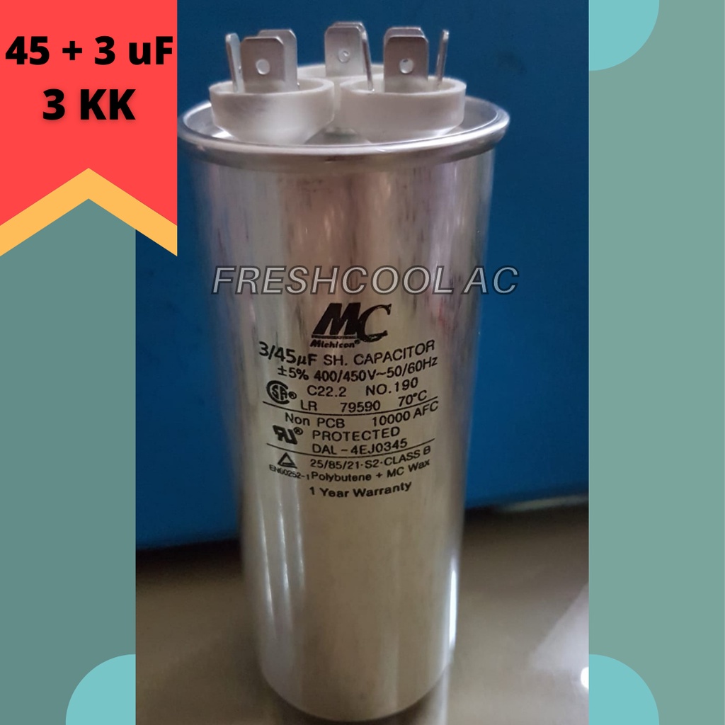 Jual KAPASITOR AC / CAPACITOR AC ( MERK MC) 3/45 uF 45/3 MIKRO 3 KAKI Shopee Indonesia
